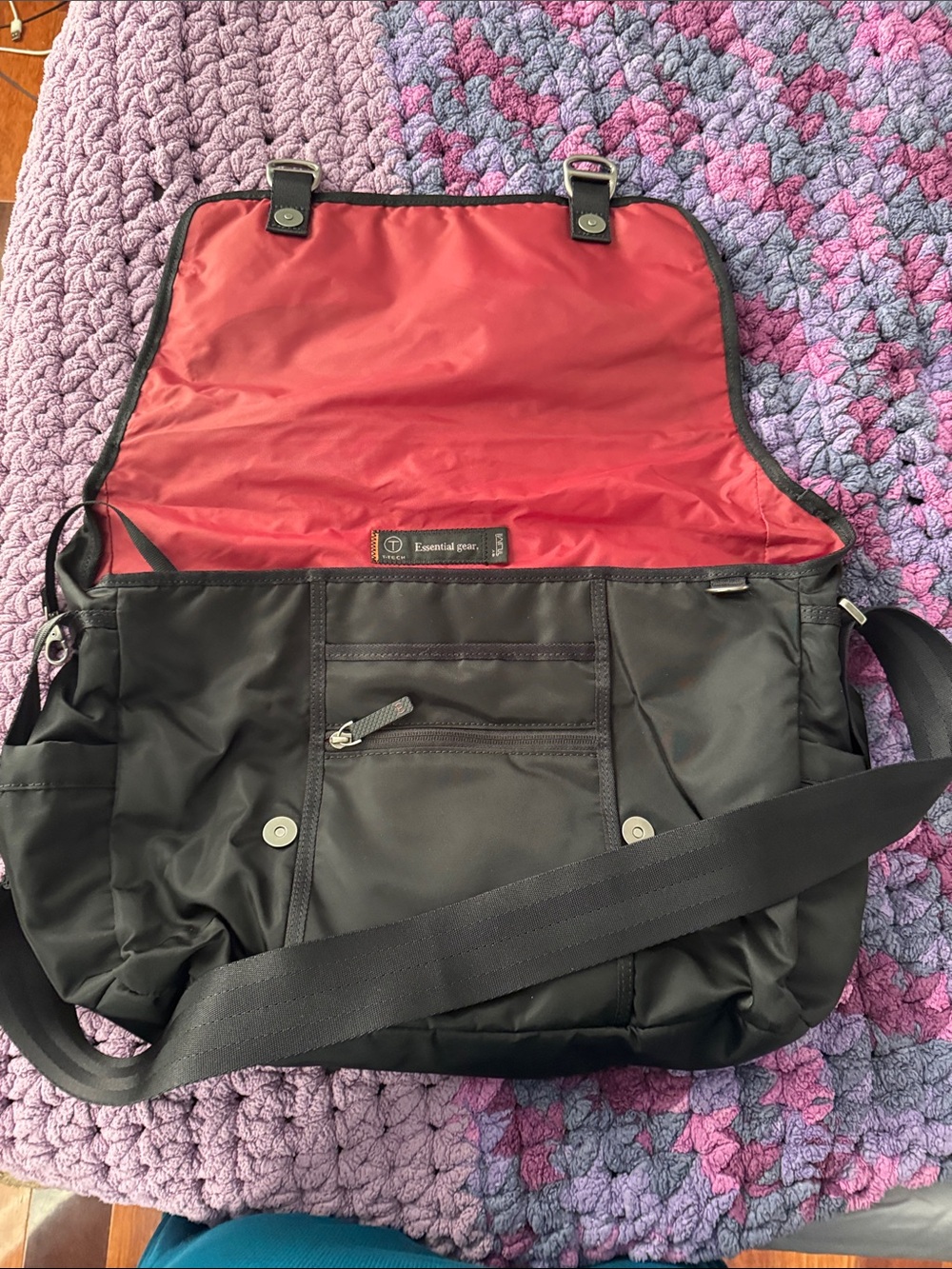 Tumi Black Messenger Bag with Red Interior